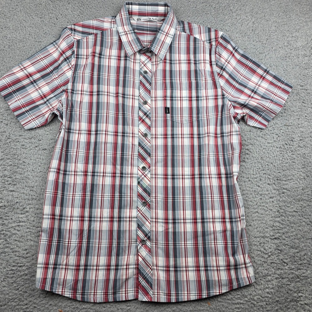 TravisMathew Button Down Shirt Mens Large Red Gray Plaid Short Sleeve Golf - Picture 2 of 12